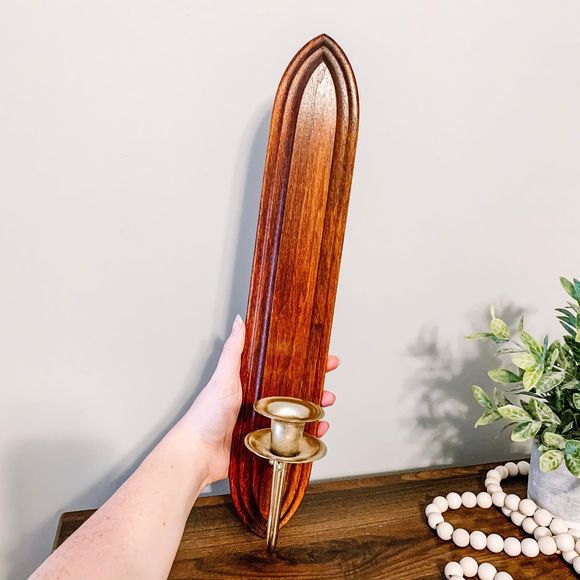 Vintage Boho Tall Wood Wall Brass Candle Holder